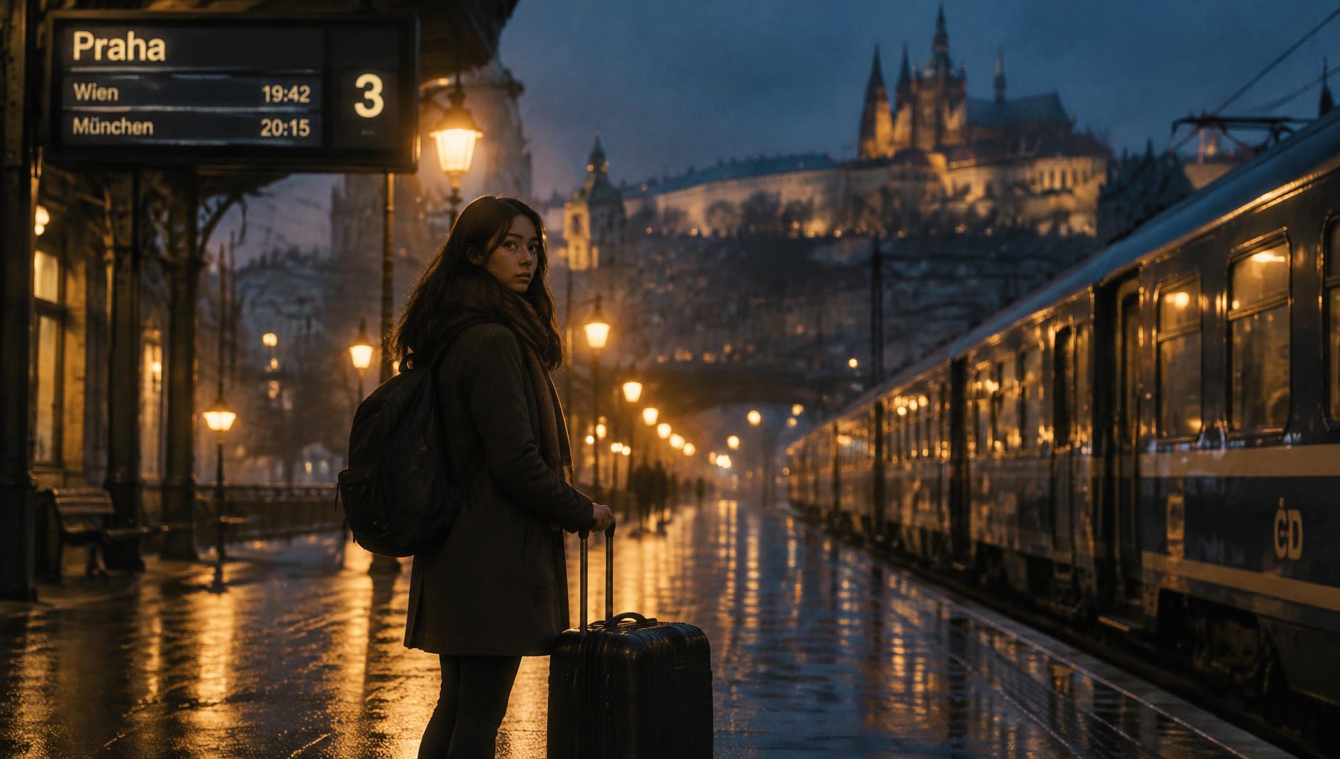A young traveller with a suitcase on a rainy train platform at dusk