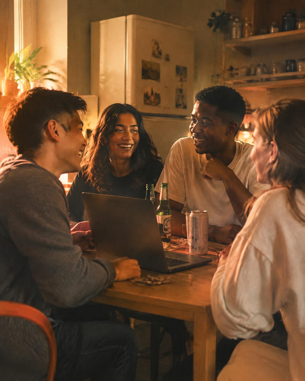 International students sharing laughter around a kitchen table